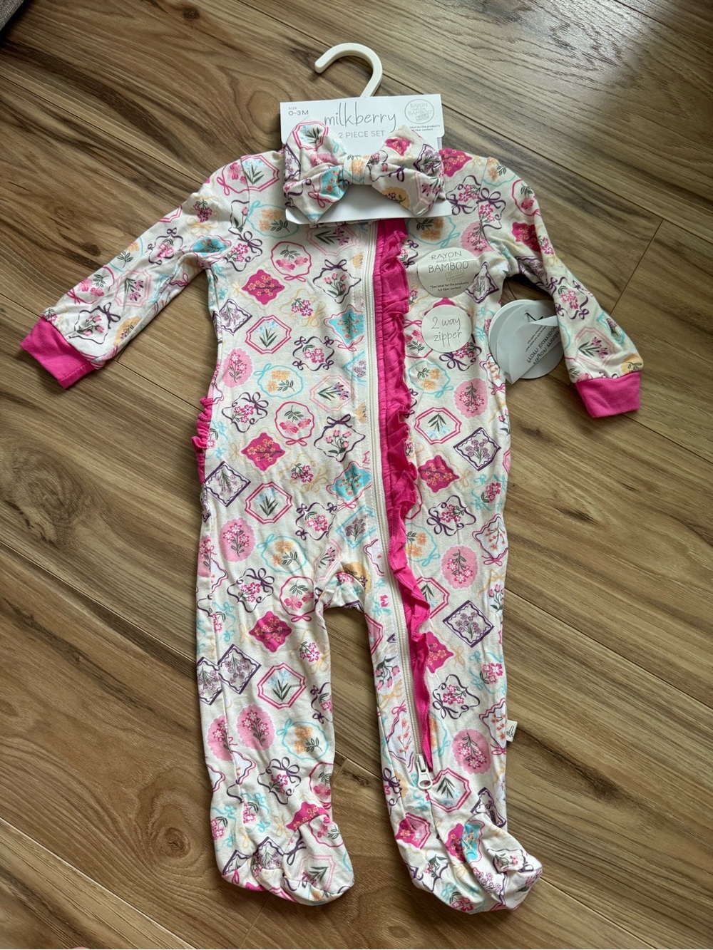 Milkberry Pink Floral Footed Baby One-Piece with Bow